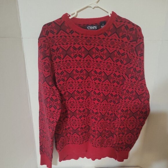 Chaps Red Black Geometric Knit Sweater Mens Medium Fair Isle Pattern Oversized - Picture 2 of 5